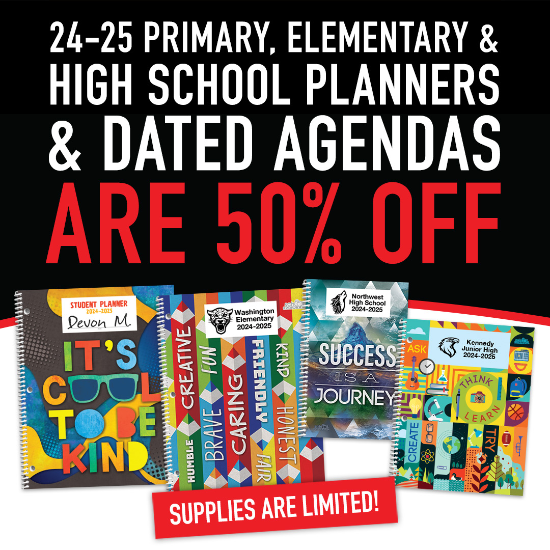 If you still need Student Planners for the 2024-25 school year, now is the time to order. Take 50% off the base price for select 24-25 School Planners and Dated Agendas by placing your order today. 

Contact us at 800-516-8339 for additional assistance. 

schoolmate.com/ordering/?ref=…