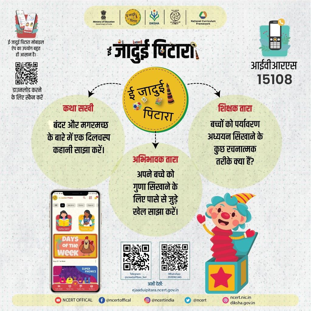 ई-जादुई पिटारा ऐप, एनसीईआरटी द्वारा, भारत सरकार के शिक्षा मंत्रालय के तत्वावधान में बुनियादी स्तर (आयु समूह 3-8 वर्ष) के विद्यार्थियों एवं उनसे जुड़े शिक्षकों और अभिभावकों के लिए लॉन्च किया गया है।

इस ऐप में तीन AI बॉट हैं;- कथा सखी, अभिभावक तारा और शिक्षक तारा। आप इन बॉट् से