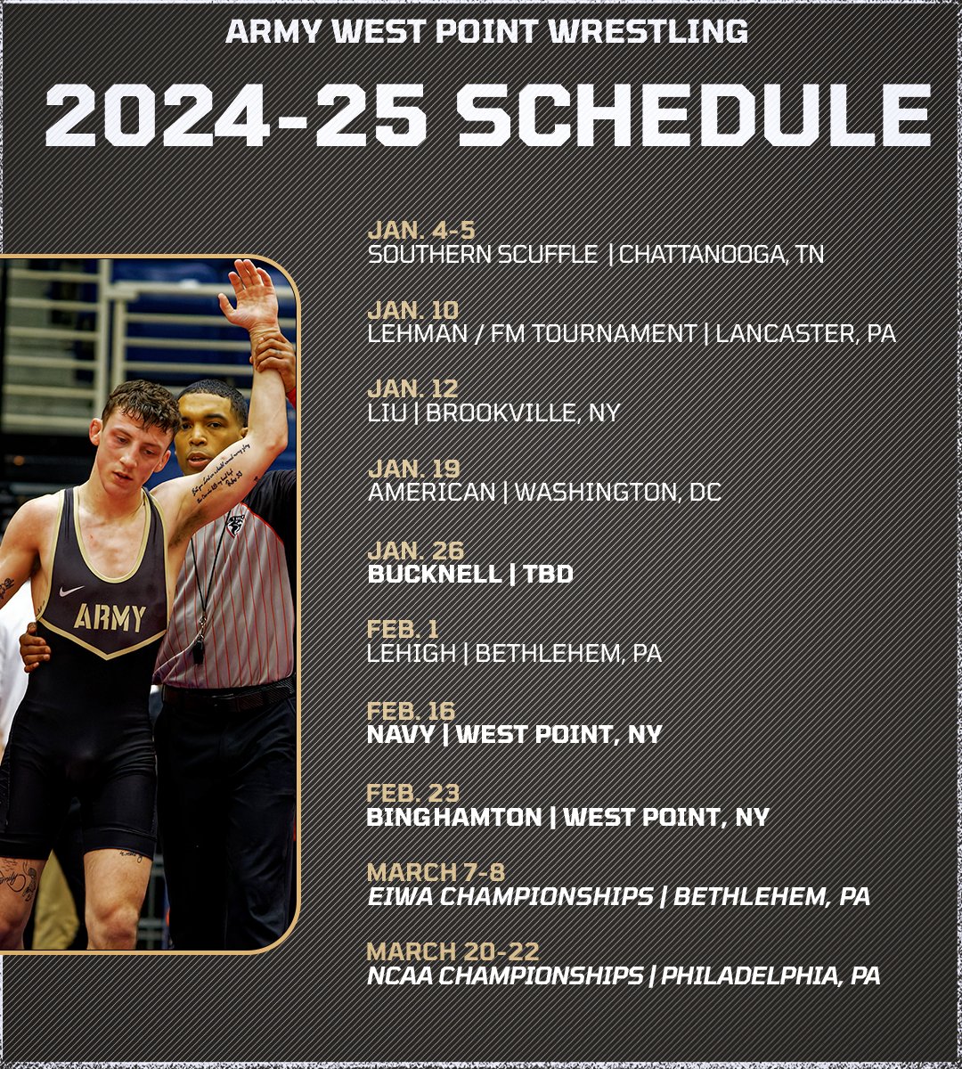 The moment you've all been waiting for is here!

Announcing our 2024-25 Army Wrestling Schedule!

📰 bit.ly/4f7oSjh
🗓️ bit.ly/4eL9pWd
🎟️ bit.ly/405mHIH