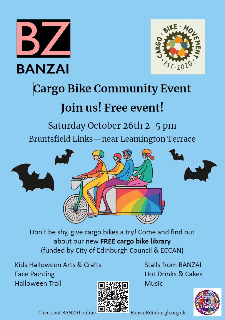 New! BANZAI #Community Cargo Bike Library 🚴‍♀️
Free launch event: Bruntsfield Links (nr Leamington Terr) Sat 26/10, 2-5pm. 
Bike trials🚲, refreshments🫖🧁, Halloween kids activities🎃.
Support <a href="/cargobikemovmnt/">Cargo Bike Movement</a>,
<a href="/EdCriticalMass/">Critical Mass Edinburgh</a>. Funds <a href="/Edinburgh_CC/">The City of Edinburgh Council</a>
@EdinburghCCAN.
#Edinburgh