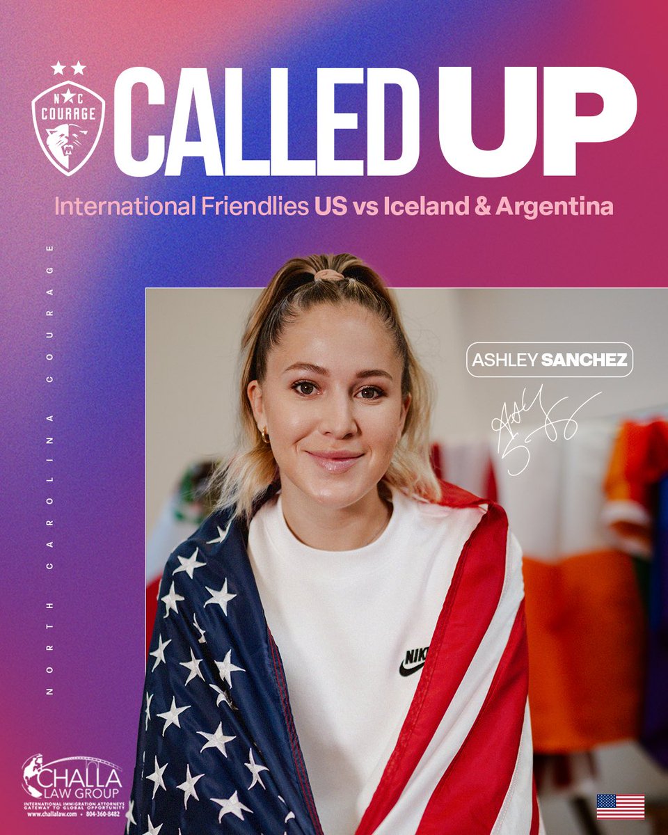 Pink and blue graphic with a photo of Ashley Sanchez and text “Called up International Friendlies US vs Iceland and Argentina”