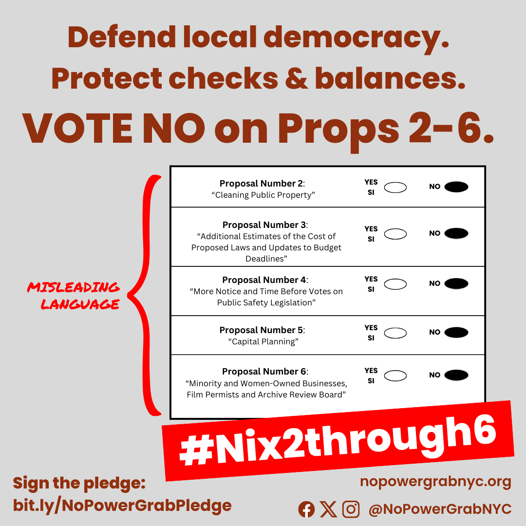 JooHyun_Kang's tweet photo. 👋Did you know Eric Adams snuck dangerous proposals on NYC's ballot that will weaken checks-&amp;-balances &amp; local democracy? No? You're not alone.

He's counting on us not knowing &amp; hoping we're tricked by the misleading language.

Vote NO on Props 2-6. Here's a #Nix2Through6🧵 https://t.co/Aa7GDpXY0f