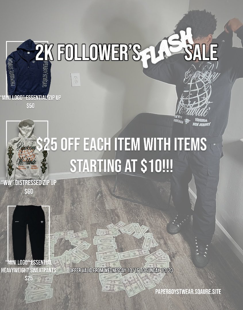 Paperboystwear_'s tweet photo. $25 off each item with items starting at $10🤯🤯

Thank you guys for 2k instagram followers so we gonna giveback like always 🫡

Offer valid 10/16-10/20 GO0000 NOW!! (DISCOUNT AUTOMATICALLY APPLIES AT CHECKOUT)

https://t.co/KS6hBBca18 https://t.co/dyA5RIjDek