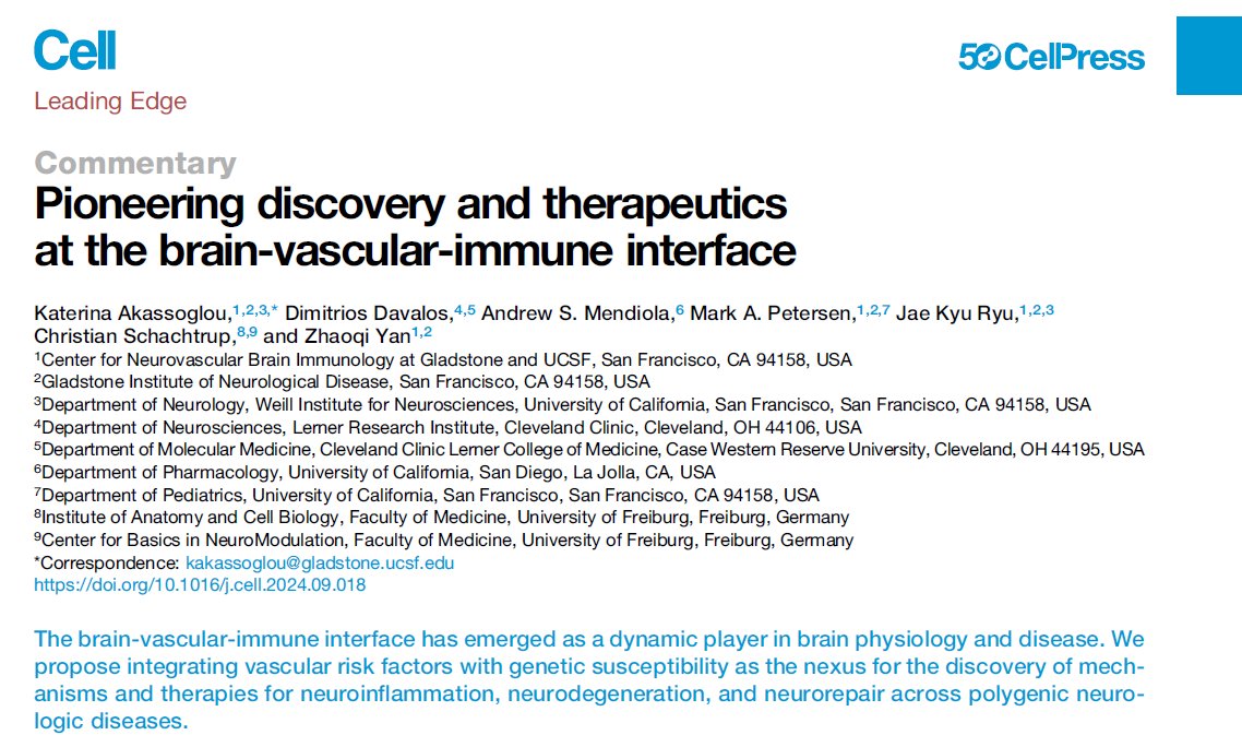 Our Commentary "Pioneering Discovery &amp; Therapeutics at the Brain-Vascular-Immune Interface" is out today <a href="/CellCellPress/">Cell</a> in the 50th Anniversary "Focus on Neuroscience" Issue. #50YearsofCell
cell.com/cell/fulltext/…