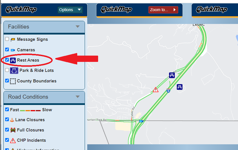CaltransDist7's tweet image. 🚧CLOSED ‼ I-5 rest areas at #Lebec near the Kern/Los Angeles County Line are *CLOSED* due to a power outage. NB&amp;amp;SB are closed. No estimated time to reopen. See other rest areas at QuickMap.dot.ca.gov - click on Options &amp;gt; Facilities &amp;gt; Rest Areas (&amp;amp; Options again, to save).