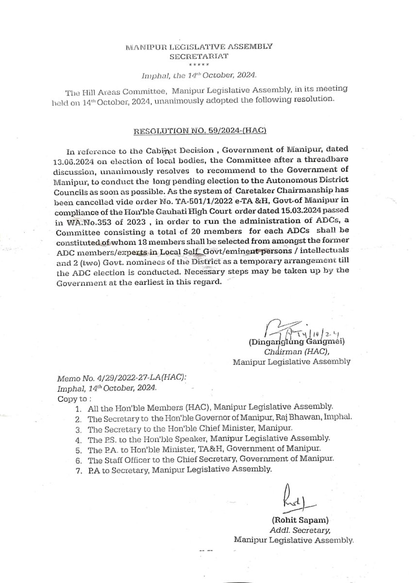 The BJP government is anti-hill people, anti-tribal as this BJP government has deliberately chosen not to conduct ADCs elections for the last 4 years. 

The Resolution, dated 14th October, 2024, passed by Hill Areas Committee under Manipur Legislative Assembly, is