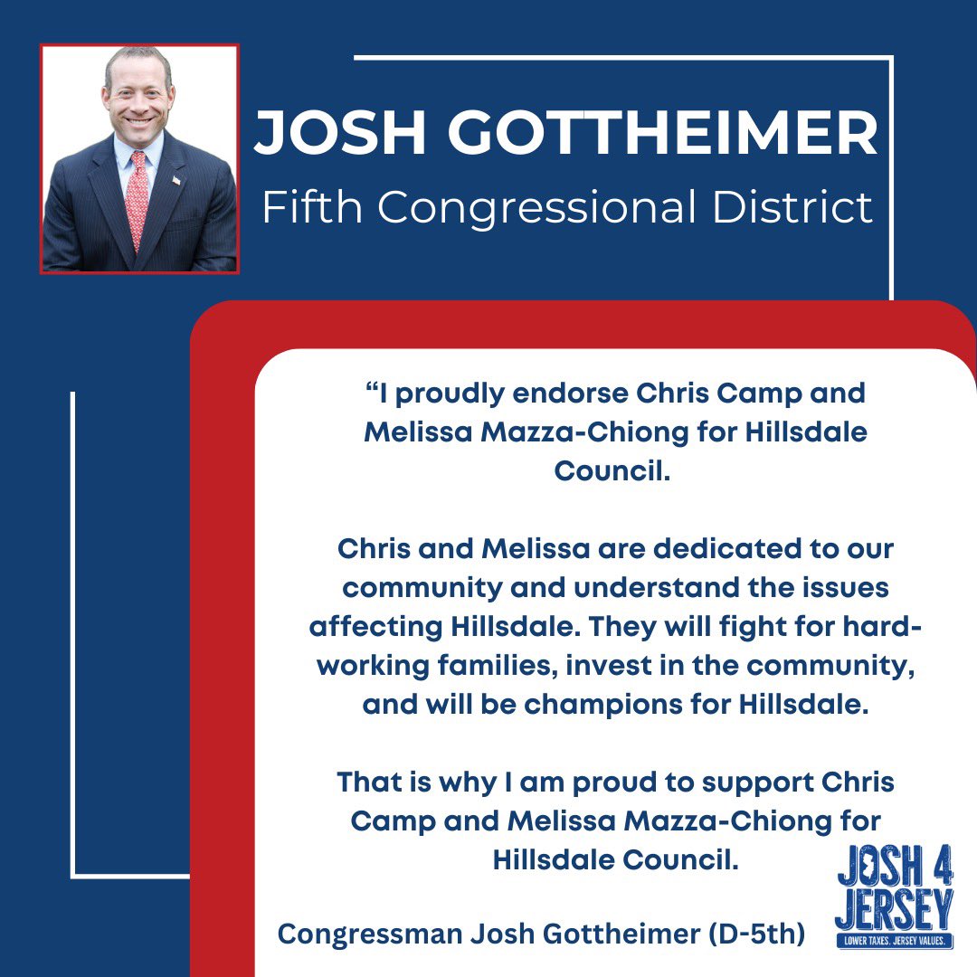 Josh4Jersey's tweet photo. I am proud to endorse Chris Camp and Melissa Mazza-Chiong for Hillsdale Council! https://t.co/nCWq2A0nB5