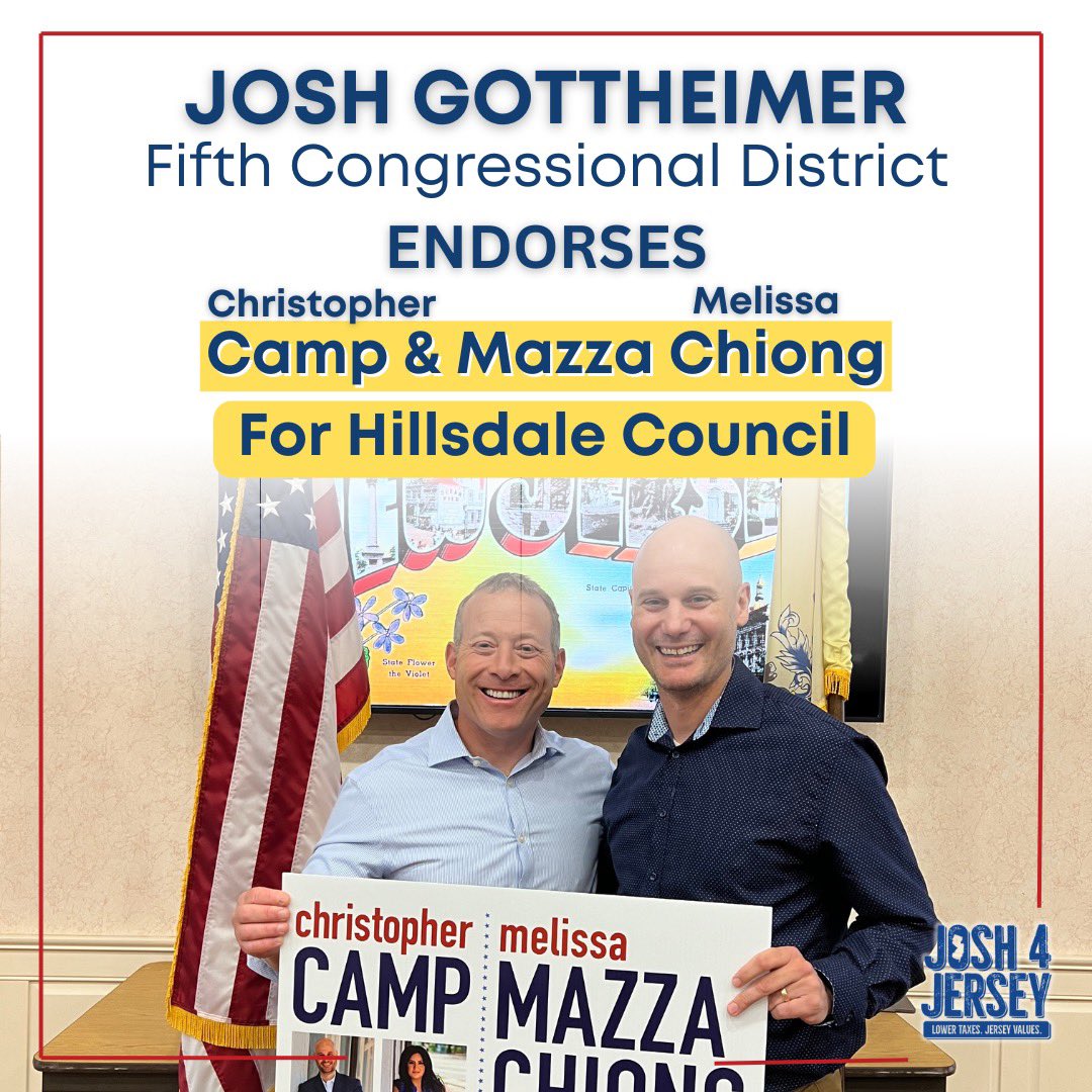 Josh4Jersey's tweet photo. I am proud to endorse Chris Camp and Melissa Mazza-Chiong for Hillsdale Council! https://t.co/nCWq2A0nB5
