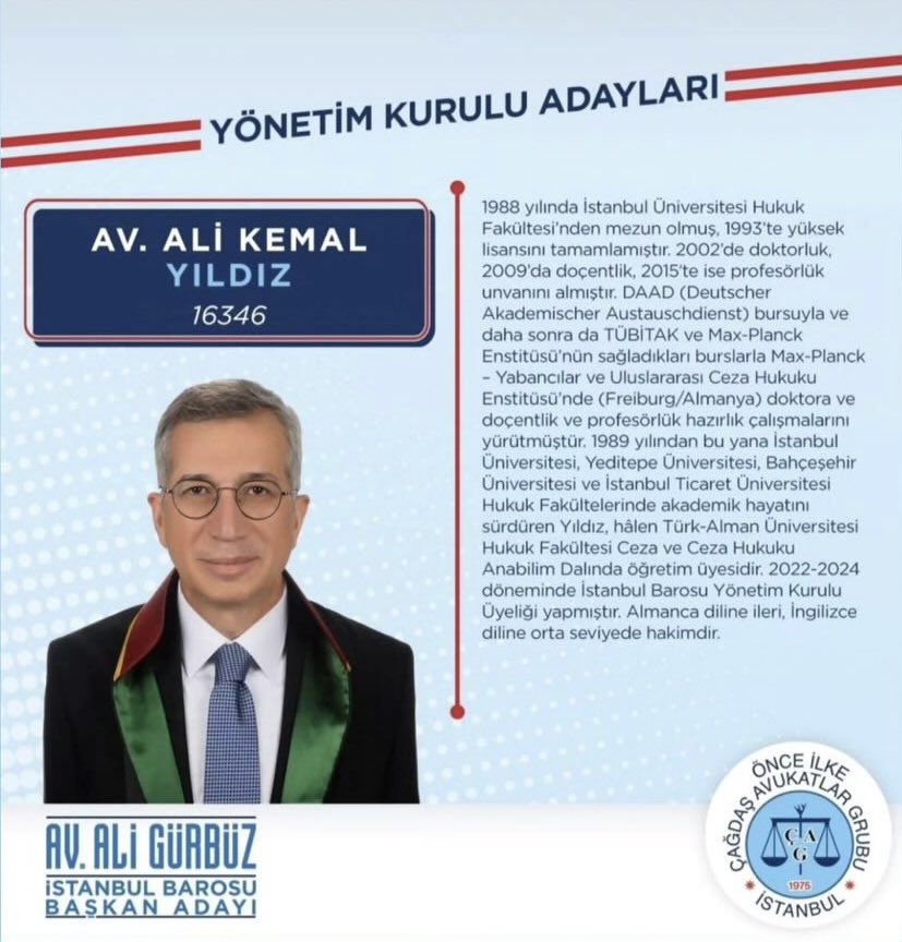 yildizalikemal's tweet photo. Sevgili meslektaşlarım, dostlarım, arkadaşlarım hafta sonu yapılacak İstanbul Barosu seçiminde var “Önce İlke Çağdaş Avukatlar Grubu - Başkan Adayı Ali Gürbüz” listesinden Yönetim Kurulu Üyeliği adayıyım. Desteklerinizden mutluluk duyarım. 🙏😊 https://t.co/j3MgBQ0hDq