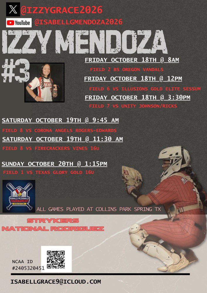 Isabell Mendoza (@izzygrace2026) on Twitter photo So excited and ready to hit the field this weekend at the Ronald McDonald Tournament! Come out and watch a game or two! All games will be at Collins Park in Spring, TX <a href="/National_16u/">Strykers National Rodriguez</a> <a href="/StrykersNation/">StrykersFastpitchOrg</a> <a href="/NationalEsparza/">Strykers National Esparza π</a> So excited and ready to hit the field this weekend at the Ronald McDonald Tournament! Come out and watch a game or two! All games will be at Collins Park in Spring, TX <a href="/National_16u/">Strykers National Rodriguez</a> <a href="/StrykersNation/">StrykersFastpitchOrg</a> <a href="/NationalEsparza/">Strykers National Esparza π</a>