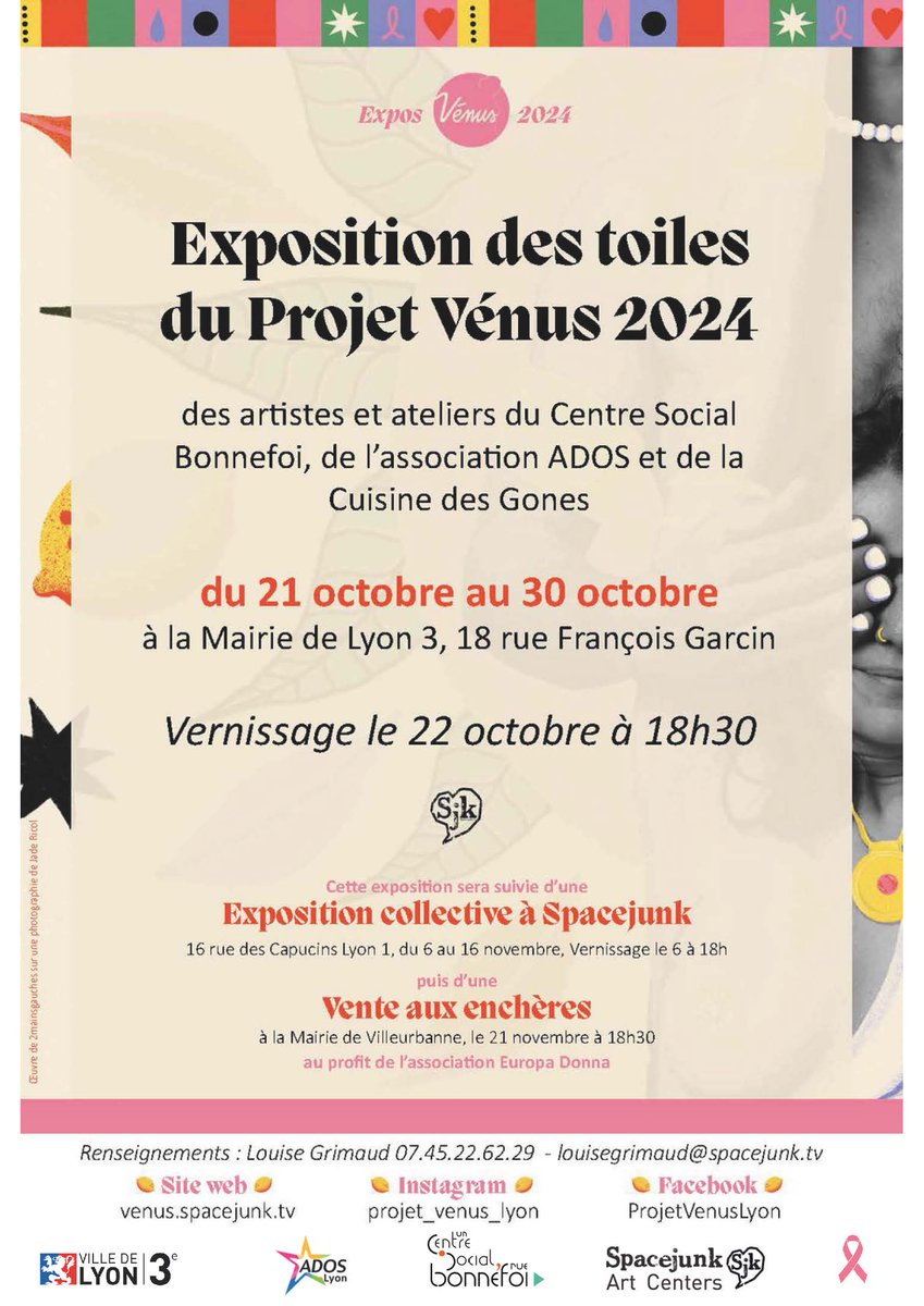 Dans le cadre d'#OctobreRose , la mairie du 3e et <a href="/SJKartcenters/">Spacejunk</a>  vous donnent rendez-vous mardi 22 octobre à 18H30 pour le vernissage de l'exposition Projet Vénus, pour sensibiliser à la lutte contre le cancer sein. Entrée libre, 215 rue Duguesclin