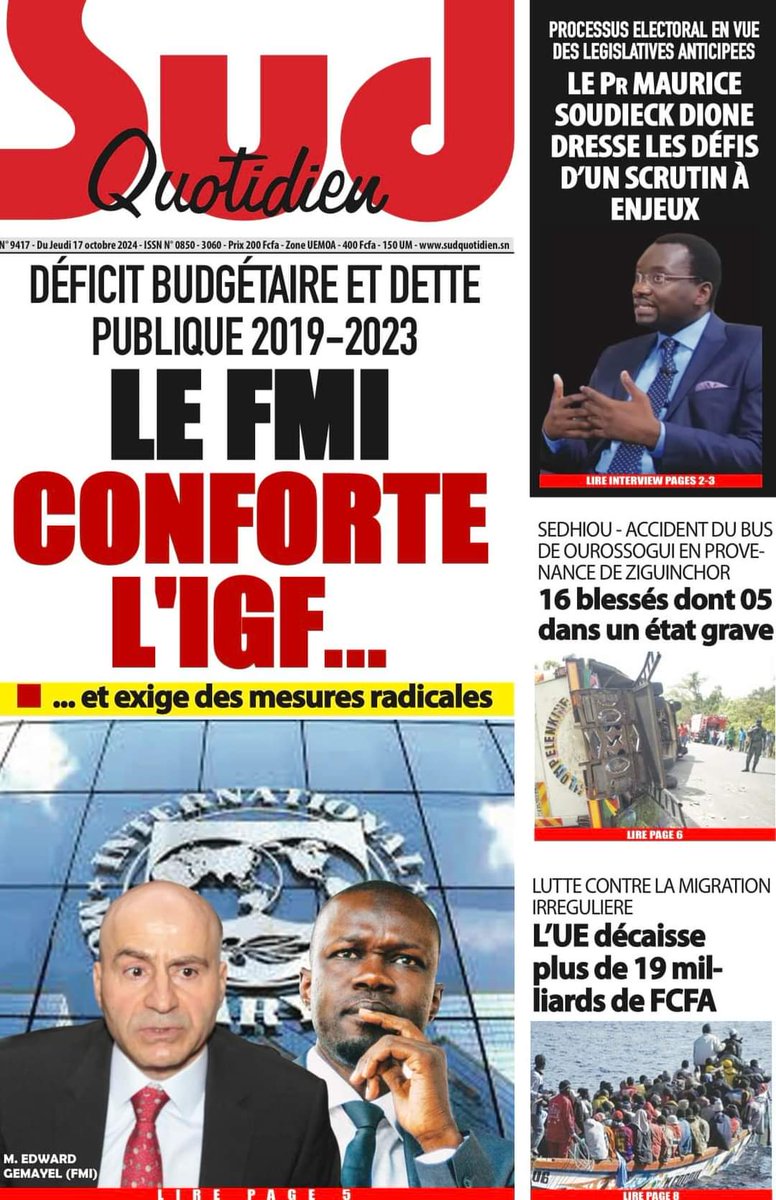 Faux comptes publics
Le FMI dément Macky Sall et confirme l’analyse de l’IGF sur le niveau réel de la dette publique et du déficit budgétaire.  Il rejoint Sonko et le gouvernement. La Cour des Comptes certifiera ses conclusions à l’évidence.
Cependant, le FMI parle d’erreurs de