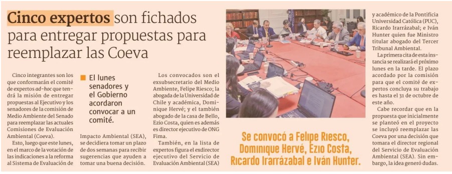 #PRENSA | Prof. <a href="/derechouach/">Derecho U. Austral de Chile</a> Iván Hunter <a href="/hunterampuero/">Ivan Hunter Ampuero</a> fue propuesto para integrar cte. expertos cuya misión será entregar propuestas al Ejecutivo y a los senadores de la Com. Medio Ambiente del Senado para reemplazar las actuales Comisiones de Evaluación Ambiental (Coeva). 👇