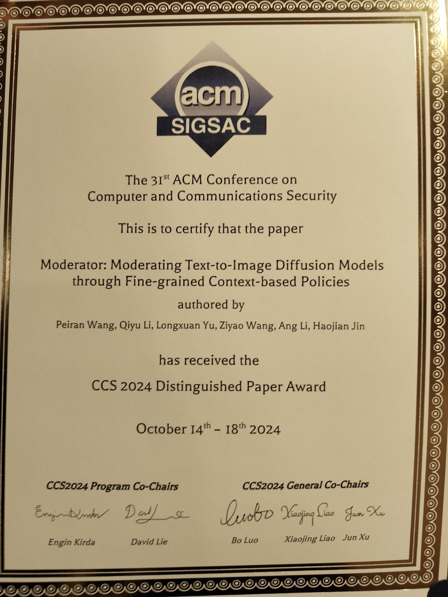 angcharlesli's tweet image. Thrilled to share that our collaborative work with @haojian_jin got the Distinguished Paper Award at CCS'24. Congrats to all the co-authors! @eceumd
paper: arxiv.org/pdf/2408.07728