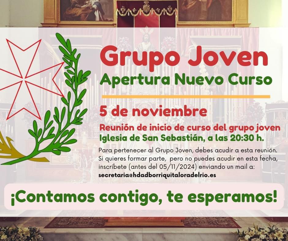GRUPO JOVEN | Inicio del curso 2024/25

¡Arrancamos un nuevo curso en el Grupo Joven de nuestra Hermandad y queremos que formes parte!

🗓️ Martes, 5 de noviembre
🕞 20:30 h.
📍 Iglesia de San Sebastián