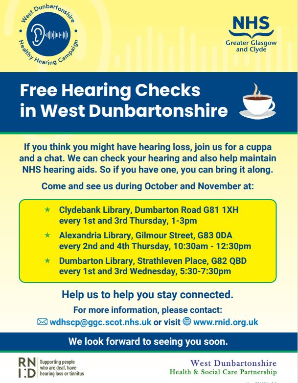 West Dunbartonshire Health+Social Care Partnership (@wdhscp) on Twitter photo Come and see us for a free hearing check with <a href="/RNID/">RNID</a> this October and November in Clydebank, Dumbarton and Alexandria. We can also check your NHS hearing aid, so bring it along. Hearing loss has a big impact on your life but we can help. <a href="/WDCouncil/">West Dunbartonshire Council</a> <a href="/clydebankha/">clydebankha</a> <a href="/Working4U_WDC/">Working4U@WDC</a> Come and see us for a free hearing check with <a href="/RNID/">RNID</a> this October and November in Clydebank, Dumbarton and Alexandria. We can also check your NHS hearing aid, so bring it along. Hearing loss has a big impact on your life but we can help. <a href="/WDCouncil/">West Dunbartonshire Council</a> <a href="/clydebankha/">clydebankha</a> <a href="/Working4U_WDC/">Working4U@WDC</a>