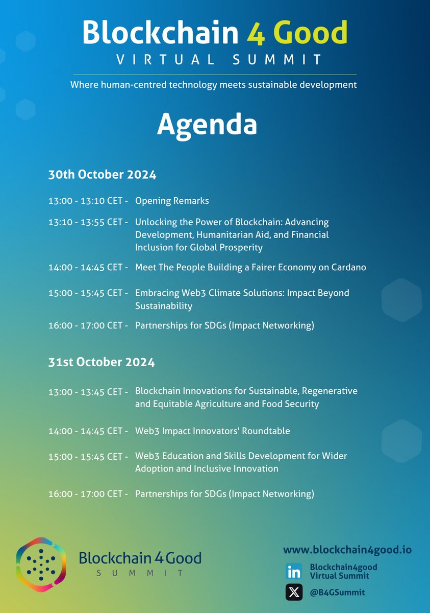 B4GSummit's tweet photo. The #Blockchain4GoodSummit brings together #blockchain #impact advocates and pioneers with UN agencies and iNGOS.  Organised by: @cashdillo @UNDPEurasia @PositiveBlock 
Check out the full agenda below. Still time to register: https://t.co/Ql6zavTPAk
#B4GSummit #Cardano #humantech https://t.co/rlLyks8WWP