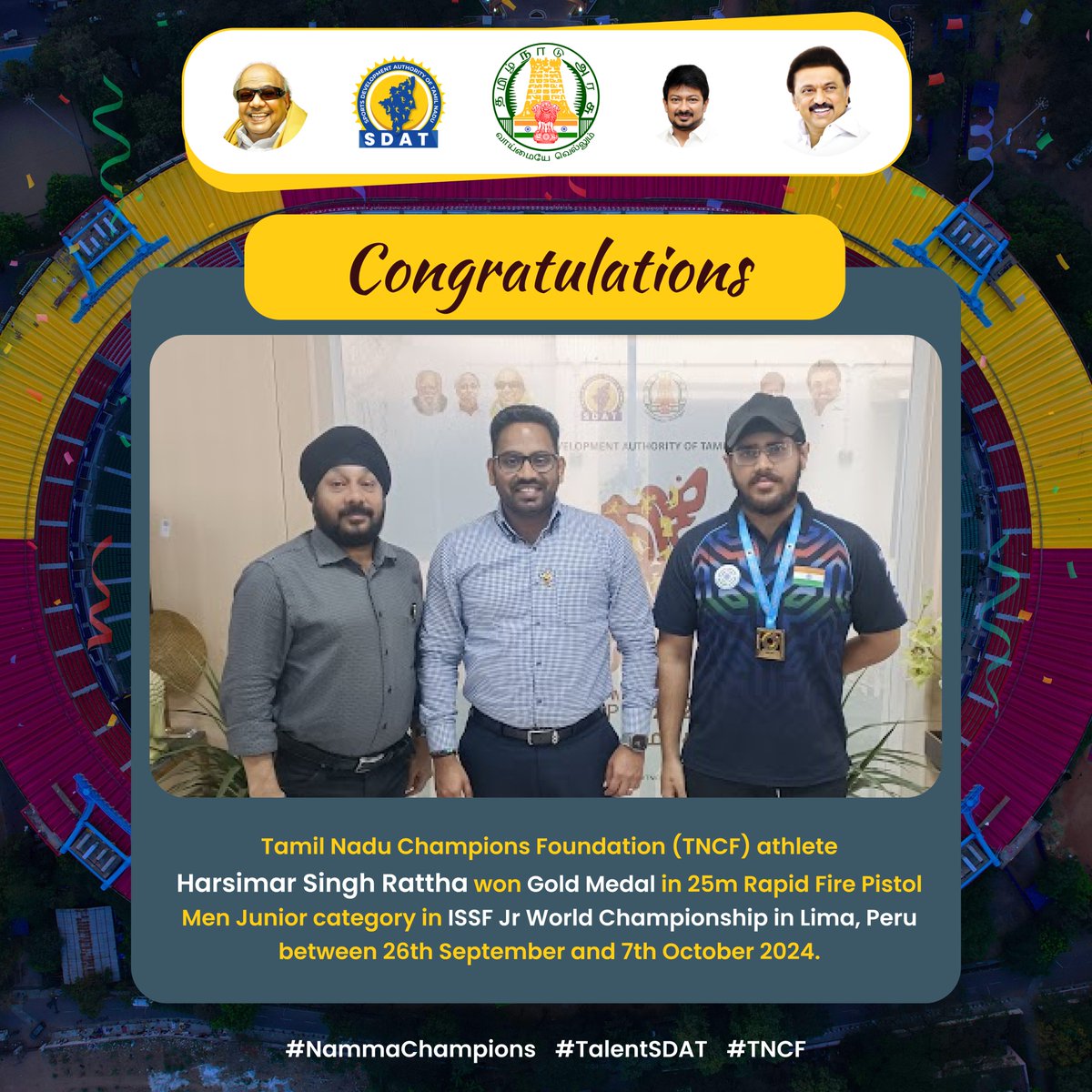 SportsTN_'s tweet photo. 🏅 A proud moment for Tamil Nadu!  Congrats to TNCF athlete Harsimar Singh Rattha for winning Gold in the 25m Rapid Fire Pistol Junior Men at the ISSF Jr World Championship 2024 in Lima, Peru! 🌍🥇
.
.
.
#SDAT #SportsTN #NammaChampions #TalentSDAT #TNCF

@CMOTamilnadu  @Udhaystalin  @TNDIPRNEWS