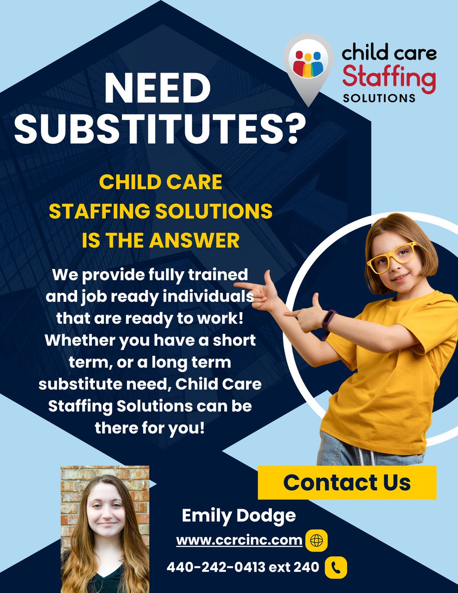 ccresourcectr's tweet image. Child Care Staffing Solutions is looking for child care centers that need substitute teachers.  
Check out our program here:  
ccrcinc.com/ccrc-services/… 
#substitutes #childcarecenter