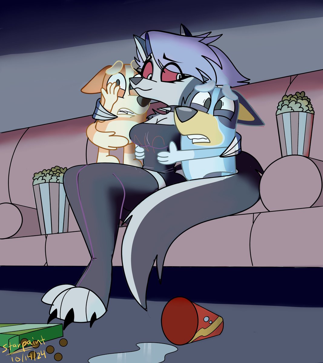 StarPaint93's tweet photo. Good morning everyone! Movie night at the Heeler's! Loona is being the big sister and comforting Bluey and Bingo during a movie. What movie are they watching? https://t.co/edBMzvjCYn