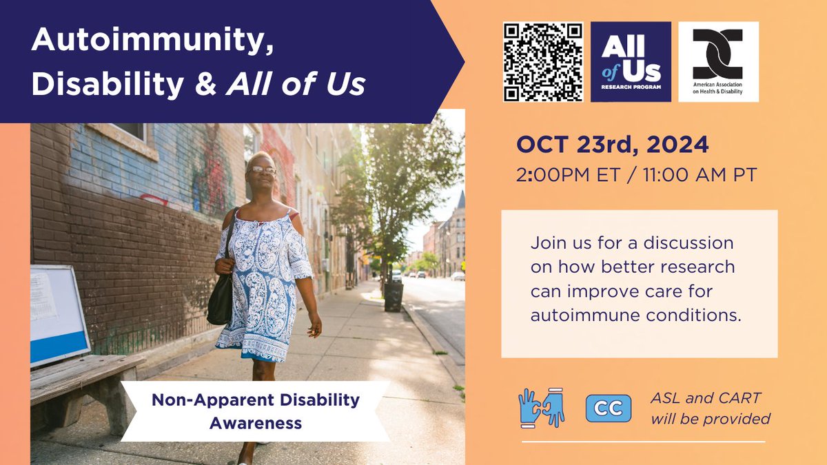 Conditions like fibromyalgia and POTS can have a big impact on life. We're still learning how to support people with these #InvisibleDisabilities. Join <a href="/AAHD1/">AAHD Disability</a> on October 23rd for a conversation on how research can improve care for them: bit.ly/DH-Autoimmunity <a href="/AllofUsResearch/">AllofUsResearch</a>