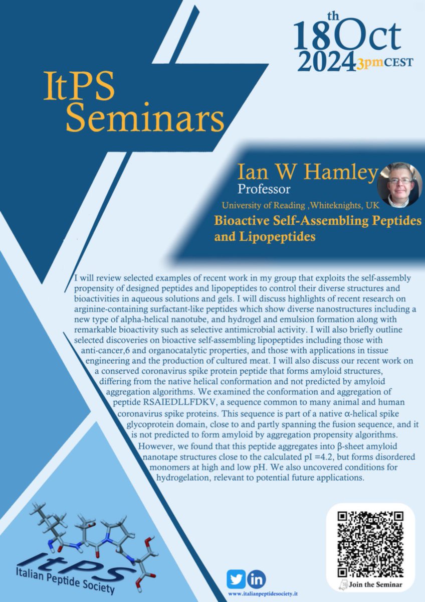 Join us tomorrow at 3:00 PM for a seminar by Prof. Ian Hamley (University of Reading, UK) on the self-assembly of bioactive peptides. Don’t miss the chance to explore cutting-edge biomolecular research! #seminar #biopeptides #selfassembly #itps
