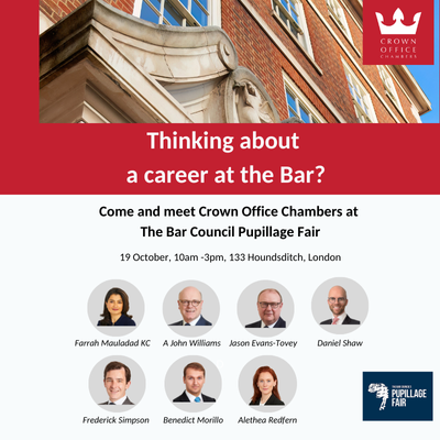 We are looking forward to exhibiting at The Bar Council Pupillage Fair 2024 on Saturday 19 October in London.

Visit the Crown Office Chambers booth to discuss pupillage and life as a barrister at the Civil and Commercial Bar.