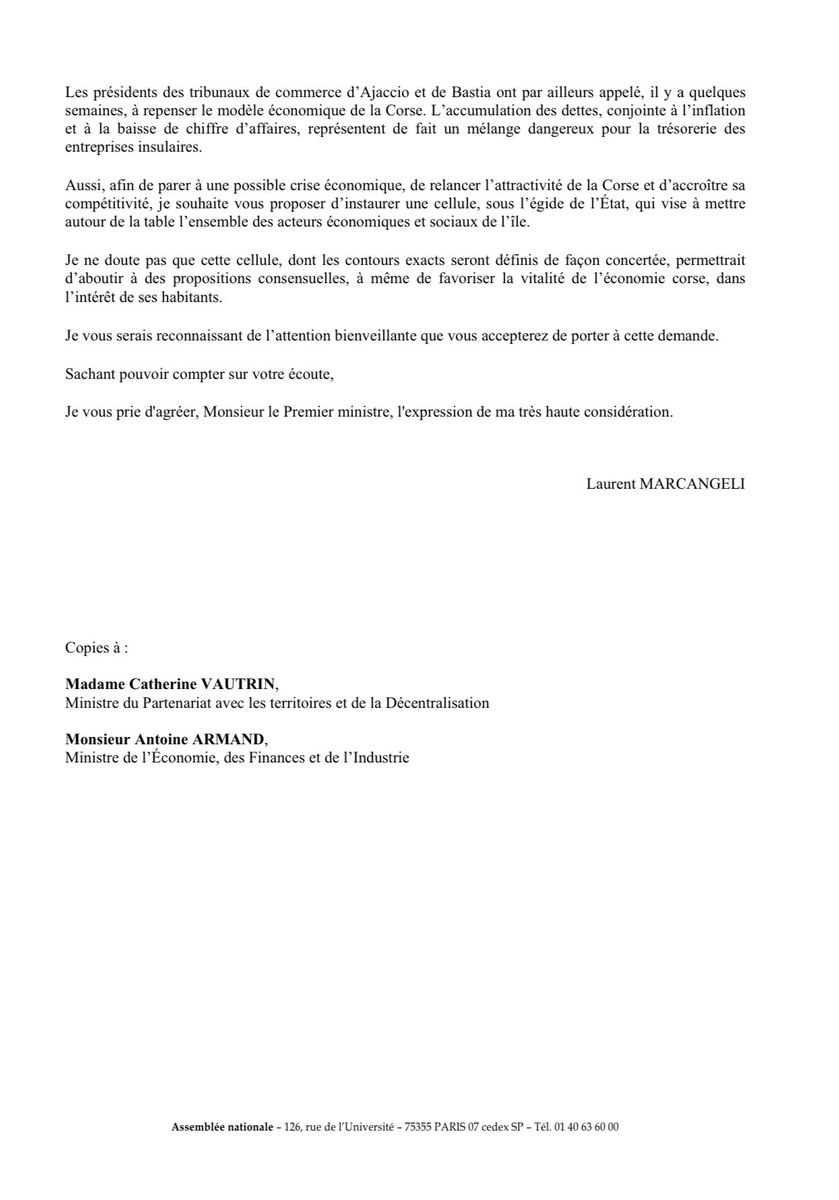 La situation économique de la #Corse est préoccupante. Si rien n’est fait, elle décrochera complètement de la dynamique du continent.

C’est pourquoi je souhaite mettre l’ensemble des acteurs économiques et sociaux de l’île autour de la table, dans un cadre nouveau.

Retrouvez
