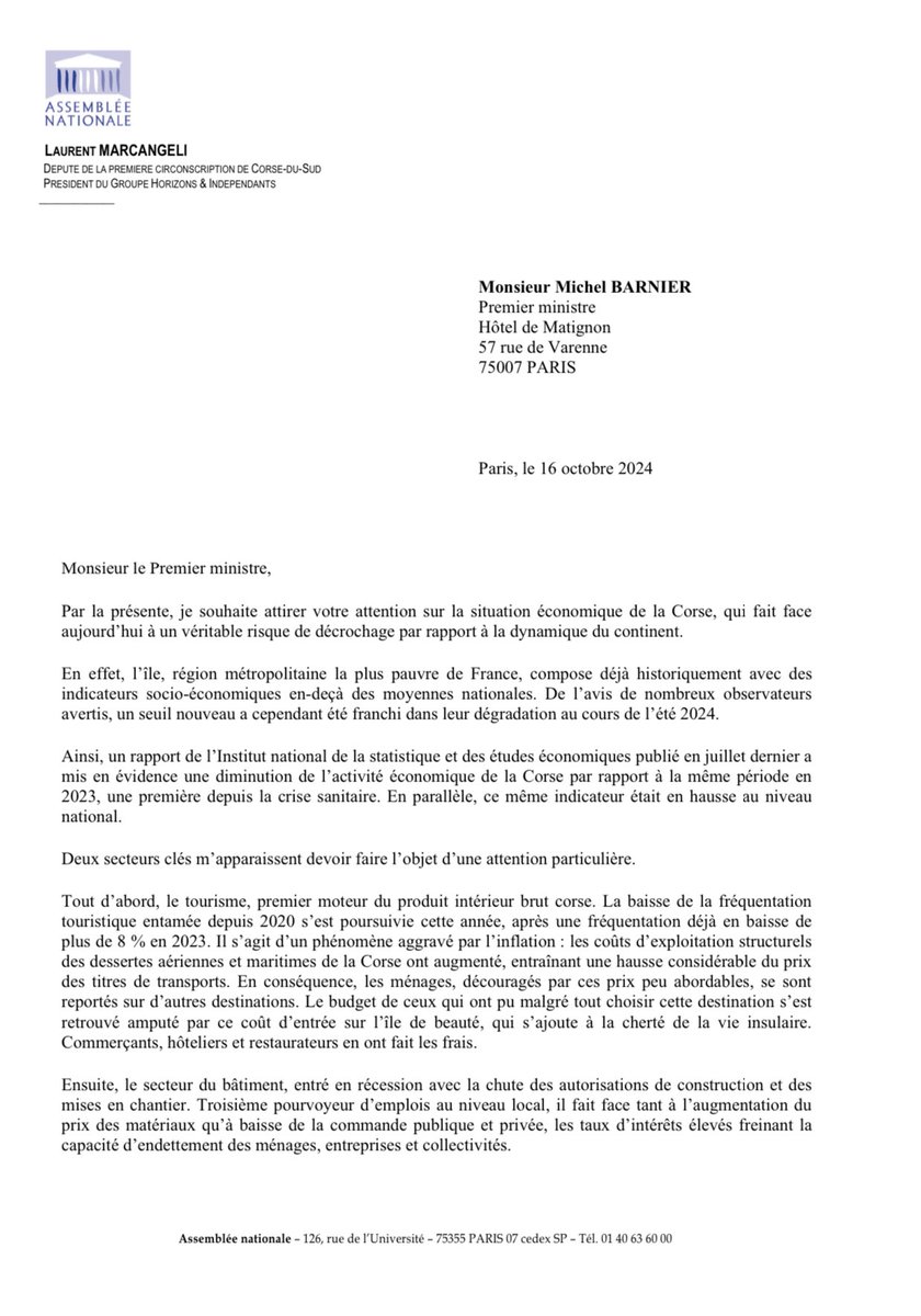 LMarcangeli's tweet photo. La situation économique de la #Corse est préoccupante. Si rien n’est fait, elle décrochera complètement de la dynamique du continent.

C’est pourquoi je souhaite mettre l’ensemble des acteurs économiques et sociaux de l’île autour de la table, dans un cadre nouveau.

Retrouvez mon courrier adressé au Premier ministre @MichelBarnier sur le sujet ⤵️