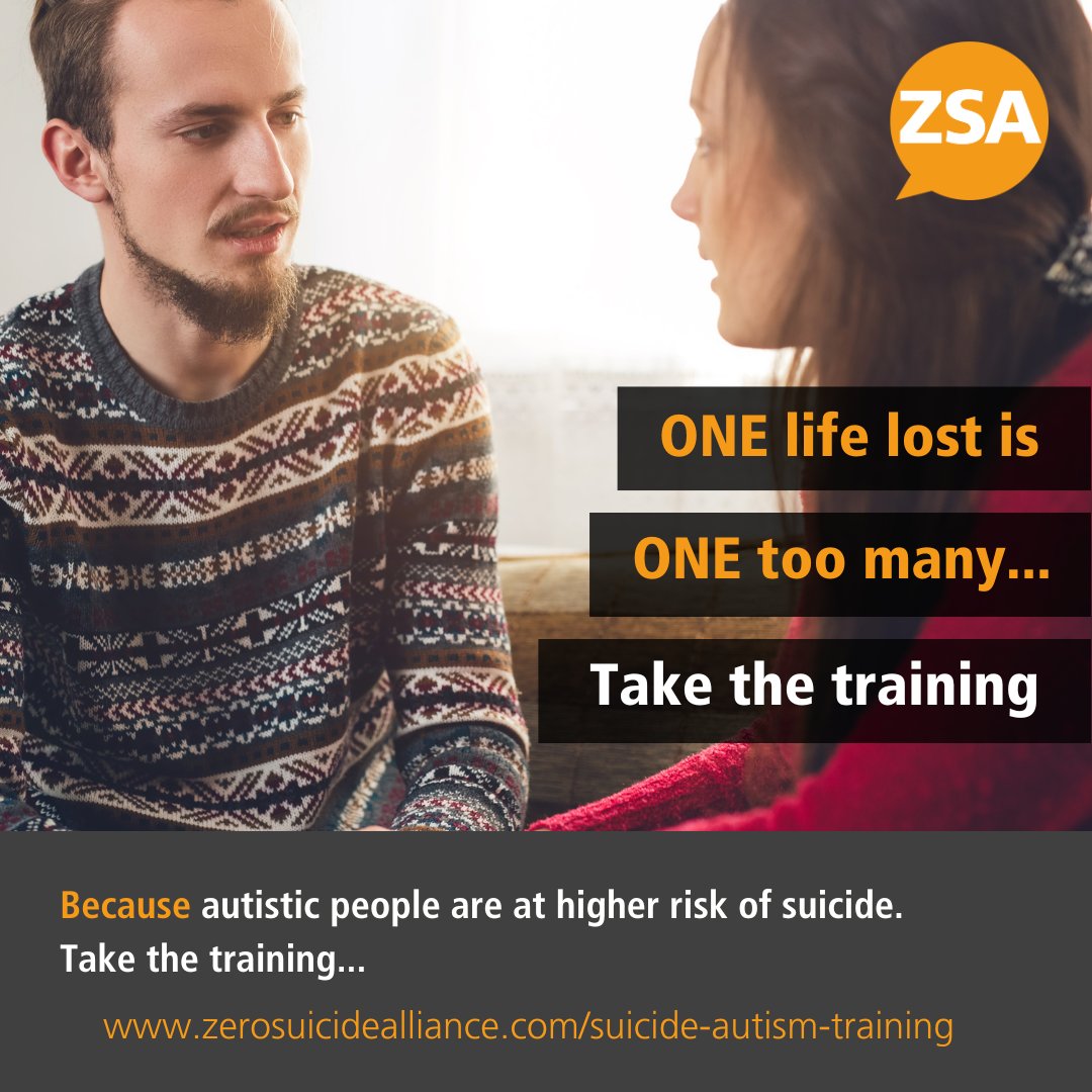Zer0Suicide's tweet photo. Sadly, more than 6 in 10 autistic people have considered suicide. 

Would you know what to say or do if someone was struggling?

Take the FREE online Autism and Suicide Awareness Training: https://t.co/BKijvXZtBq

#SuicideAwareness #SuicidePrevention #FreeTraining #ZSATraining https://t.co/6aLo88GsGP