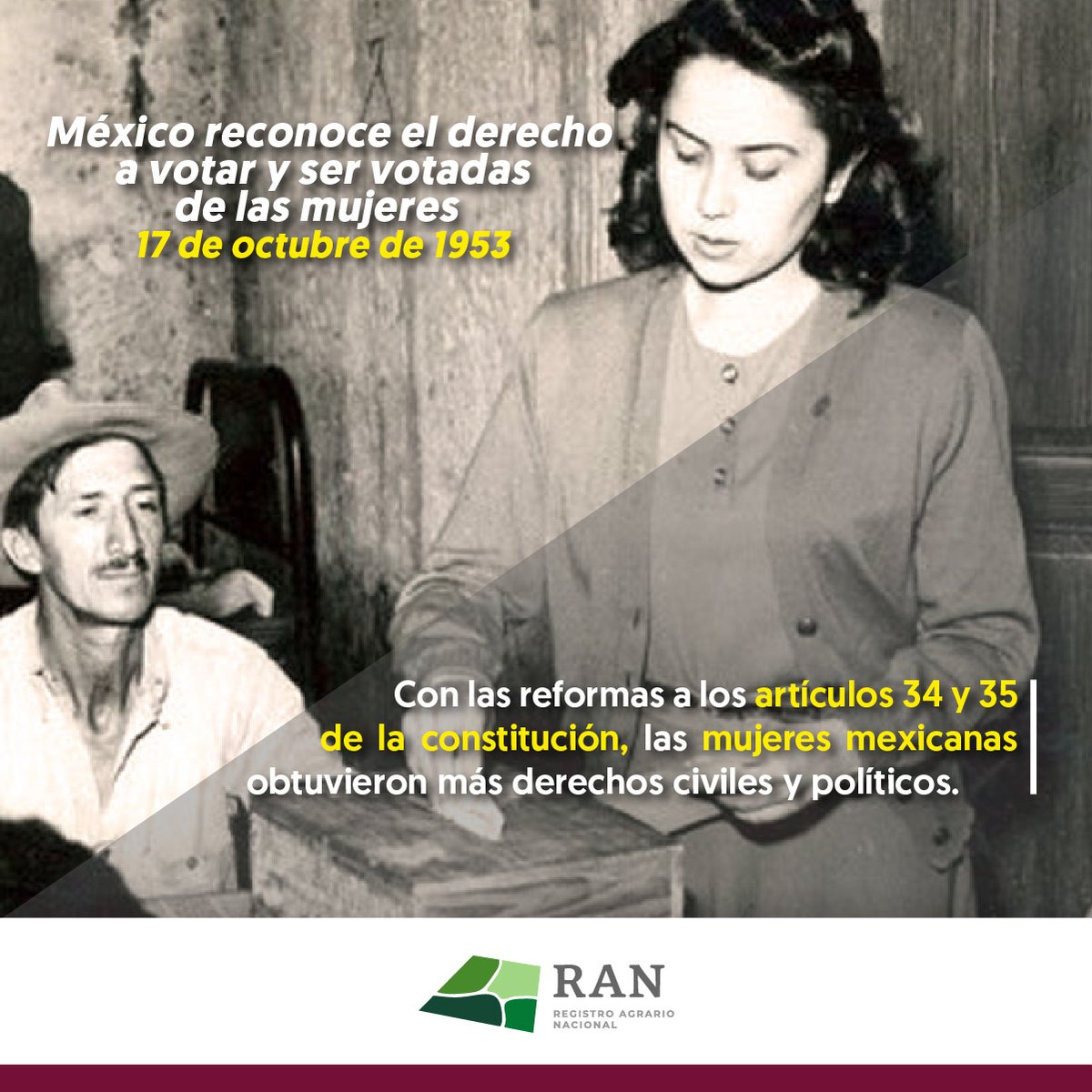 RAN_Nacional's tweet photo. 🎉 Hoy se celebran 71 años del reconocimiento a nivel constitucional del voto de la mujer en México. 🗳️

¡Conmemoramos a las mujeres sufragistas, por haber luchado por los derechos de todas! 💪🏾👩🏾‍🌾🙋🏾‍♀️👵🏾

#LlegamosTodas

#DerechosDeLasMujeres https://t.co/WoMGO5jkuZ