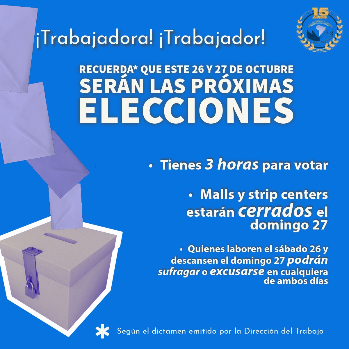 Este domingo 27 de octubre es FERIADO IRRENUNCIABLE PARA EL COMERCIO:
- DEBEN CERRAR todos los malls, stripcenters u otros centros comerciales regidos por adm. única o misma razón social.
- Pueden abrir todos los super, grandes tiendas y locales instalados fuera de malls o strip.