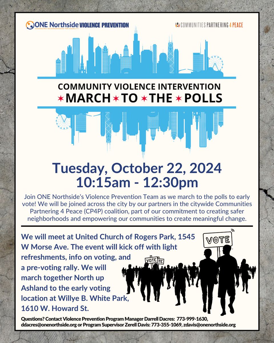 Our Violence Prevention team will be joining the CP4P coalition for a March to the Polls on 10/22! Join us for a march from United Church of Rogers Park to Willye B White Park for early voting. Our vote is our voice!