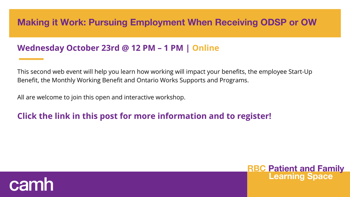 camhEdu's tweet photo. Join us on October 23 for a web event that will help you learn how working will impact your benefits, the employee Start-Up Benefit, the Monthly Working
Benefit and #Ontario Works Supports and Programs.

REGISTER:
https://t.co/03GzYXcW2P https://t.co/R4j4rs5wMX