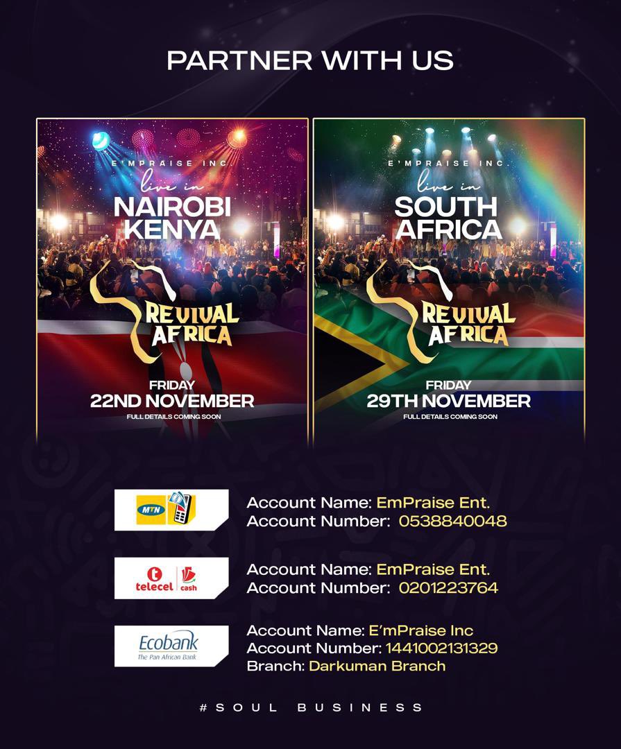 Become a partner and sponsor of this great move of Revival. 

Connect to this blessing to win souls for the kingdom. 

#RevivalAfrica
#Kenya
#SouthAfrica
#EmPraiseInc