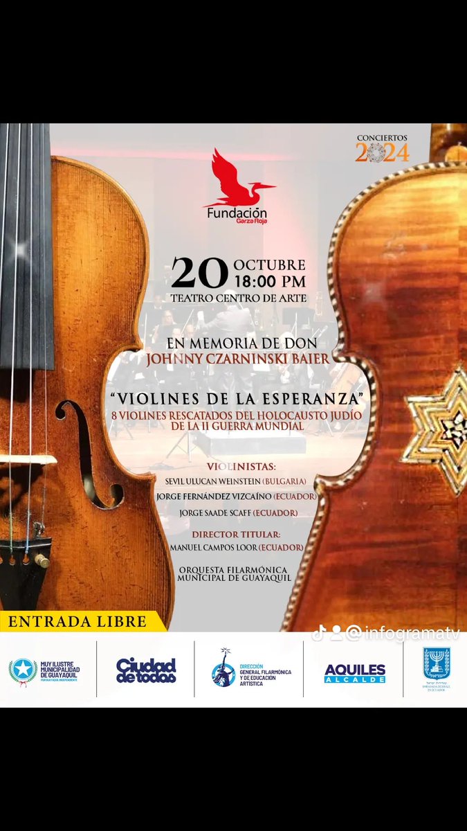 🎻✨ ¡No te pierdas el concierto Violines de la Esperanza este 20 de octubre a las 18:00 en el Teatro Centro de Arte! Un evento en memoria de Don Johnny Czarninski Baier, para esta participación se utilizarán los históricos violines rescatados del Holocausto judío durante la II