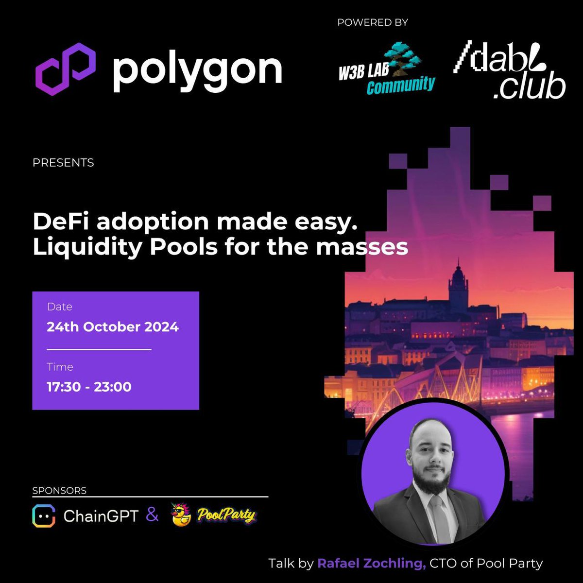 Polygon Guild Lisbon (@polygonlisbon) on Twitter photo DeFi Adoption Made Easy with Pool Party โก๏ธ
w/ <a href="/DablClub/">Dabl Club</a> X <a href="/W3blabLisbon/">W3B Lab Lisbon โต</a>
๐ซกSponsors:
<a href="/Chain_GPT/">ChainGPT</a> x <a href="/PoolParty_xyz/">PoolParty_xyz</a>
๐บJoin
- Snacks & Drinks for early-birds
- Happy Hour on the rooftop starting at 19:30
- DeFi talks
RSVP HERE ๐Oct 24th, 17:30
meetup.com/w3b-lab-web3-0โฆ DeFi Adoption Made Easy with Pool Party โก๏ธ
w/ <a href="/DablClub/">Dabl Club</a> X <a href="/W3blabLisbon/">W3B Lab Lisbon โต</a>
๐ซกSponsors:
<a href="/Chain_GPT/">ChainGPT</a> x <a href="/PoolParty_xyz/">PoolParty_xyz</a>
๐บJoin
- Snacks & Drinks for early-birds
- Happy Hour on the rooftop starting at 19:30
- DeFi talks
RSVP HERE ๐Oct 24th, 17:30
meetup.com/w3b-lab-web3-0โฆ