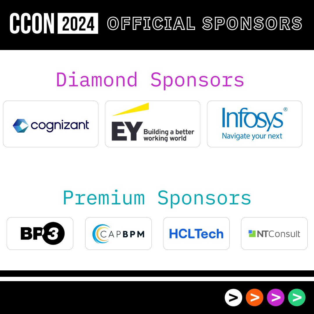 #CamundaCon 2024 NYC 🗽 would not be possible without the collaboration and partnership of our sponsors. Thank you for your support! 👏 bit.ly/3ZVzkpQ

💎 Diamond Sponsors: Cognizant | EY | Infosys

🌟 Premium Sponsors: BP3 | Capital BPM | HCLTech | NTConsult