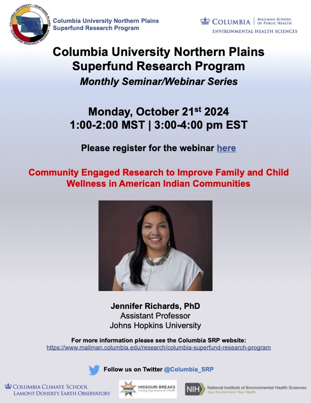 Columbia Northern Plains SRP (@columbia_srp) on Twitter photo 🚨 Join us on October 21st at 3 PM EST for an insightful seminar by Dr. Jennifer Richards! <a href="/JohnsHopkinsSPH/">Johns Hopkins Bloomberg School of Public Health</a>
📢 "Community Engaged Research to Improve Family and Child Wellness in American Indian Communities"
🖥️ Via Zoom – Don’t miss it!
🔗columbiacuimc.zoom.us/meeting/regist… 🚨 Join us on October 21st at 3 PM EST for an insightful seminar by Dr. Jennifer Richards! <a href="/JohnsHopkinsSPH/">Johns Hopkins Bloomberg School of Public Health</a>
📢 "Community Engaged Research to Improve Family and Child Wellness in American Indian Communities"
🖥️ Via Zoom – Don’t miss it!
🔗columbiacuimc.zoom.us/meeting/regist…
