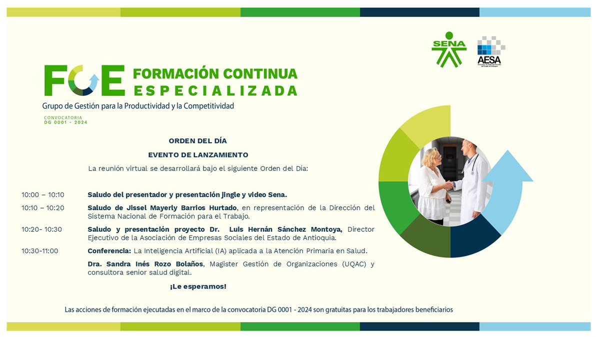 📅 ¡Marca tu calendario! Este viernes,18 de octubre a las 10:00 a.m. podrás sumergirte en el mundo de la innovación en salud.

Únete al evento de lanzamiento del convenio SENA - AESA 2024 a través de Youtube y aprende de expertos en Inteligencia Artificial. 💡 

#Capacitación #ia