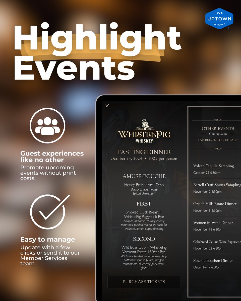 Easily get the word out about your upcoming #events… directly from your menu! 

Digital menus put the information guests need right at their fingertips, without printing costs and delays eating into your revenue.

Visit our website to learn more: uptownnetwork.com