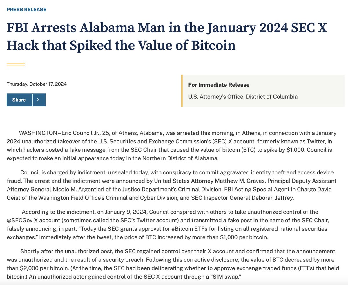 JUST IN: 🇺🇸 FBI arrests man who posted the fake spot #Bitcoin ETF approval  on the SEC X account in January.