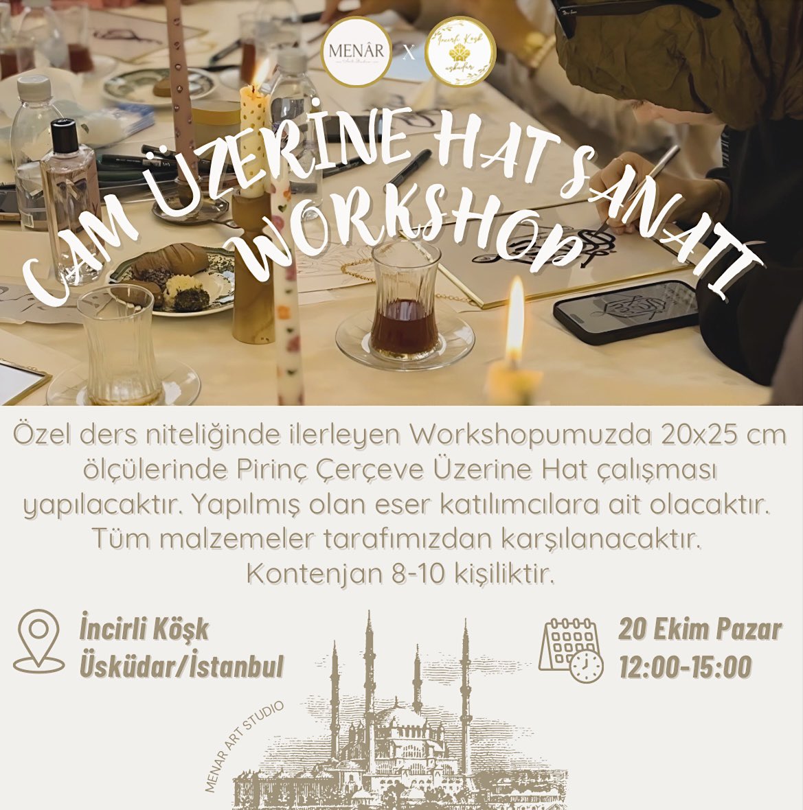 menarartstudio's tweet photo. Cam Üzerine Hat Sanatı Workshoplarımız❤️
Bu Pazar 20 Ekim’de tekrardan İncirli Köşk’te olacağız✨ Son kontenjanlar🐝 https://t.co/CG5zmngKBU