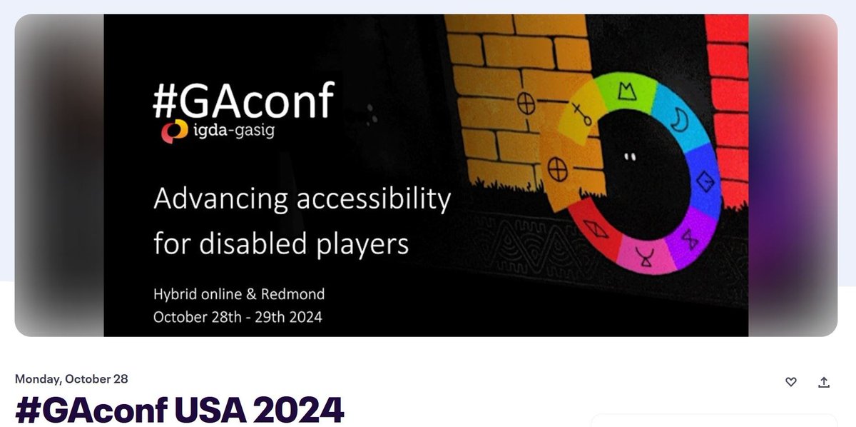 Just over a week til #Games #Accessibility conference @GAConf, Oct 28/29th, I'll be there on Zoom/Discord, line up looks great, looking forward to learning more with a welcoming community. Info/tix gaconf.com  inc. free digital option #GAconf #GAConfUSA2024 #Gamedev