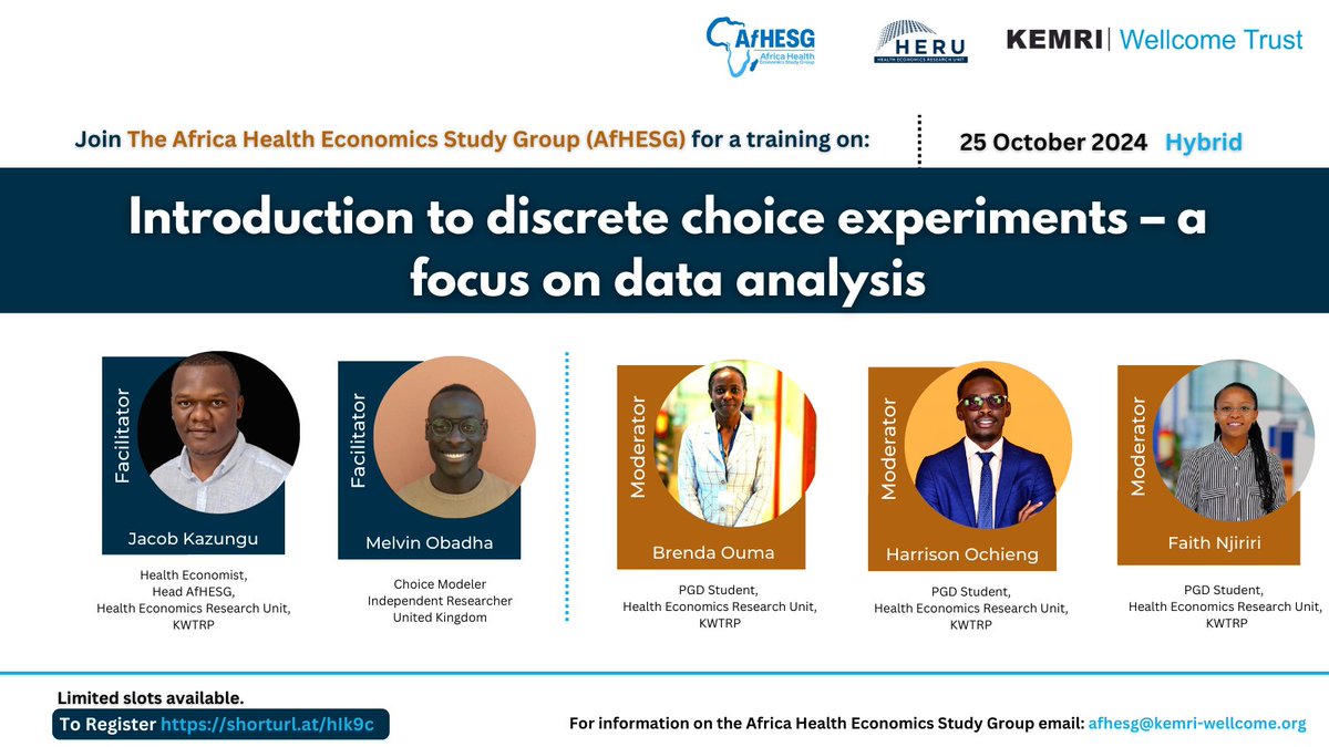 HERU|KEMRI-WT (@heru_kemri_wt) on Twitter photo 🚨 Training Alert! 🚨
Join the Africa Health Economics Study Group (AfHESG) for an Introduction training to Discrete Choice Experiments - a focus on data analysis. 📊
🗓️ Date: 25/10/2024
đź”— Register now: shorturl.at/hIk9c
#AfHESG
#DCE
#HealthEconomics
<a href="/KEMRI_Wellcome/">KEMRI-Wellcome Trust</a> 🚨 Training Alert! 🚨
Join the Africa Health Economics Study Group (AfHESG) for an Introduction training to Discrete Choice Experiments - a focus on data analysis. 📊
🗓️ Date: 25/10/2024
đź”— Register now: shorturl.at/hIk9c
#AfHESG
#DCE
#HealthEconomics
<a href="/KEMRI_Wellcome/">KEMRI-Wellcome Trust</a>