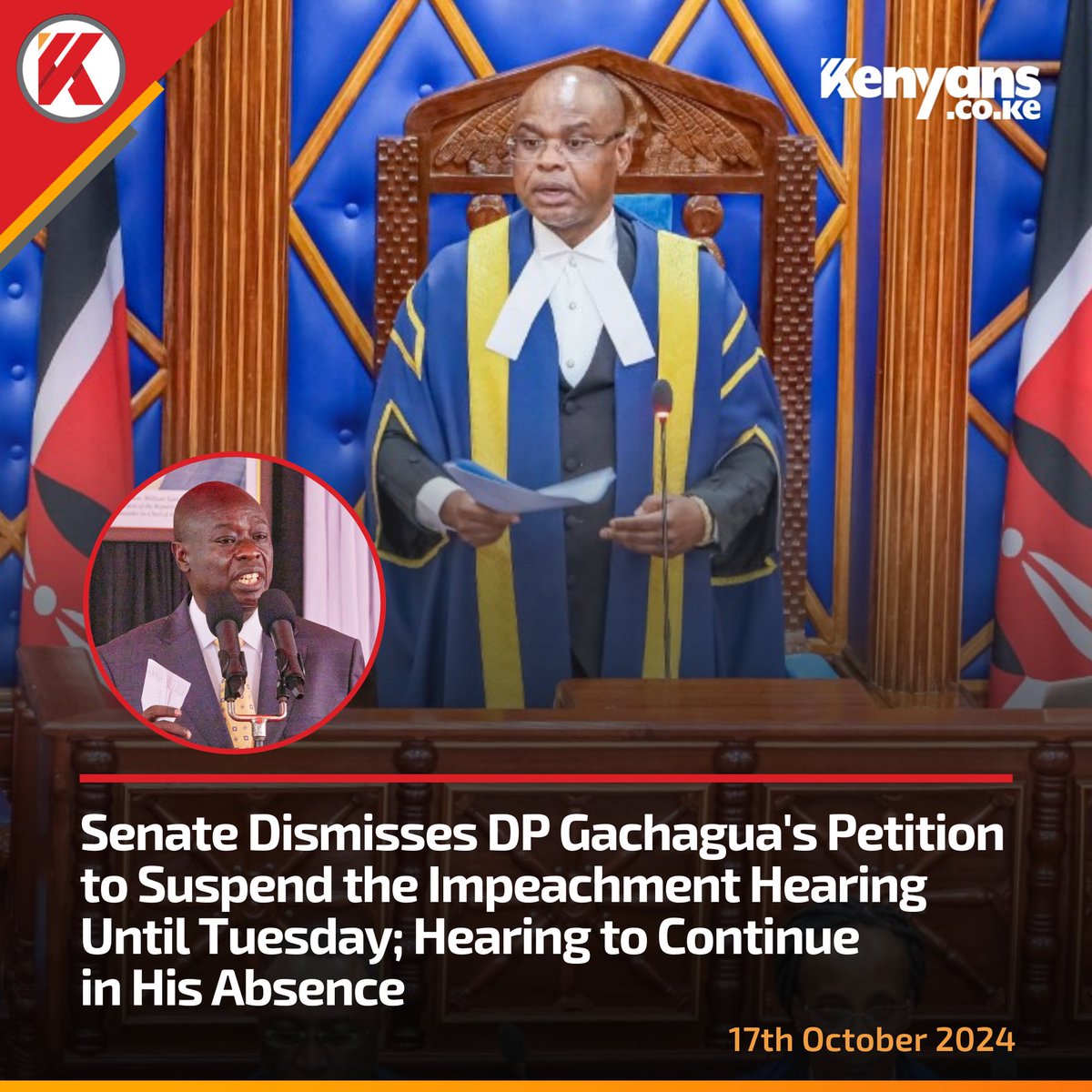 Kenyans's tweet photo. Senate dismisses DP Gachagua's petition to suspend the impeachment hearing until Tuesday https://t.co/UhLe8cMoLo