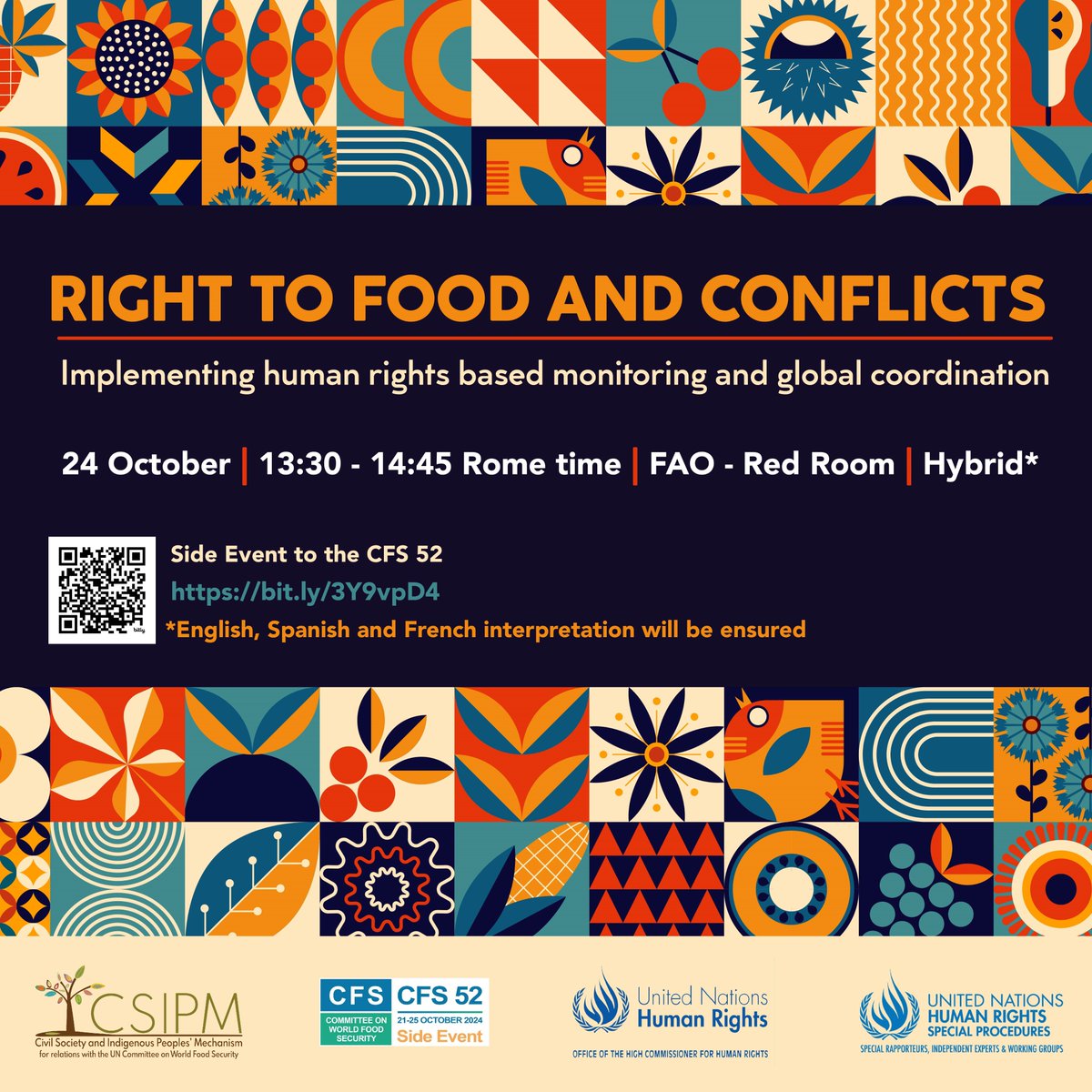 🚨In situations of conflict, occupation &amp; protracted crises, the #RightToFood is often neglected.  
🗣️Join us on 24/10 @ 13:30-14:45 for a crucial discussion on implementing human rights-based monitoring &amp; fostering global coordination.  
👉Register bit.ly/3Y9vpD4 #CFS52