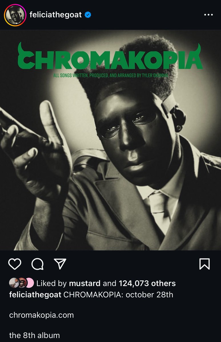 HotNewHipHop's tweet photo. Tyler, the Creator just announced the release date for his upcoming album "CHROMAKOPIA" 👀

Dropping October 28th https://t.co/747hJErb1Q