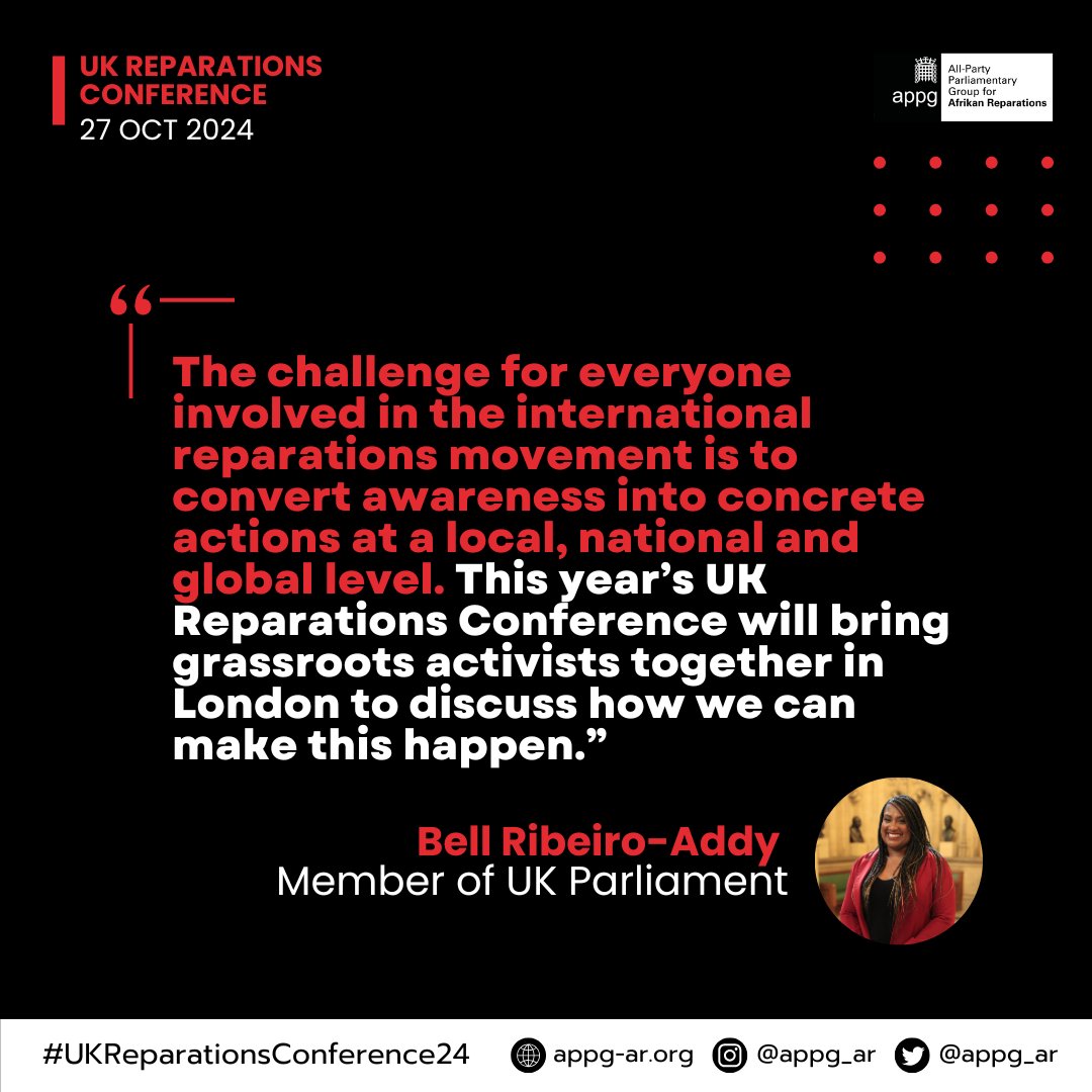 Bell Ribeiro-Addy MP (@bellribeiroaddy) on Twitter photo The racism we face today is rooted in our country's role in slavery and colonialism.
Join <a href="/appg_ar/">Afrikan Reparations APPG</a> for the UK Reparations Conference 2024 as we discuss how we can move from acknowledging this history towards action on its damaging legacies 👇🏾
appg-ar.org/uk-reparations… The racism we face today is rooted in our country's role in slavery and colonialism.
Join <a href="/appg_ar/">Afrikan Reparations APPG</a> for the UK Reparations Conference 2024 as we discuss how we can move from acknowledging this history towards action on its damaging legacies 👇🏾
appg-ar.org/uk-reparations…