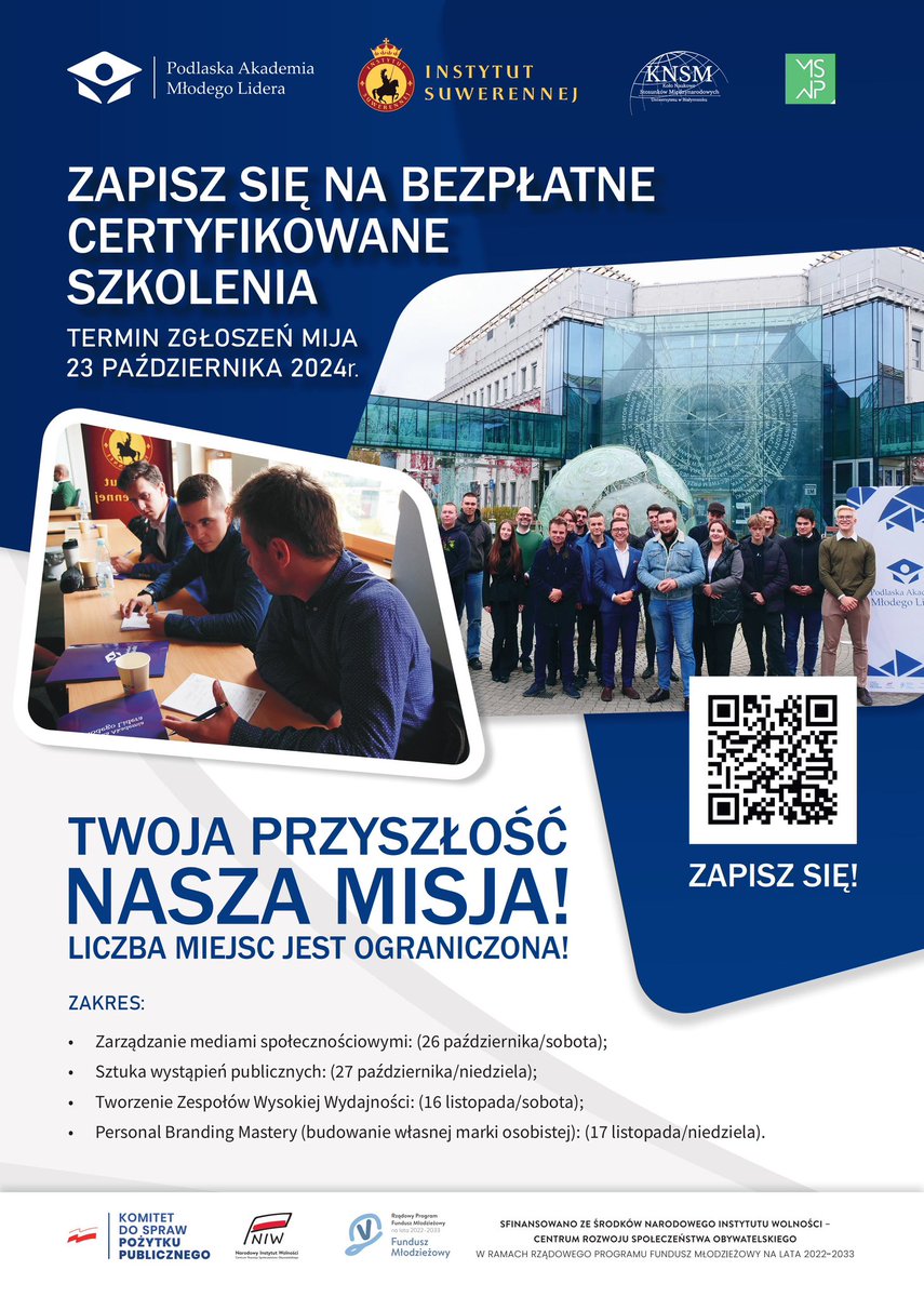 mlodzipodlaskie's tweet photo. Studenci, absolwenci, społecznicy do 30 roku życia — serdecznie zapraszamy na bezpłatne certyfikowane szkolenia liderskie, które Młodzieżowy Sejmik Województwa Podlaskiego objął swoim partnerstwem❗️

Kliknij link i wypełnij formularz: https://t.co/AaujWPSgzh https://t.co/DdVzNv6M9h